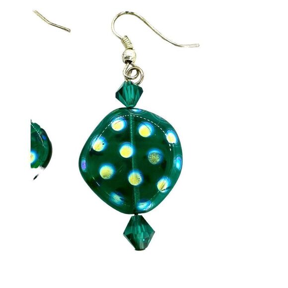 Colored Glass Bead Flat Round Green Spotted Dangle Hook Earrings Candy - Picture 3 of 4